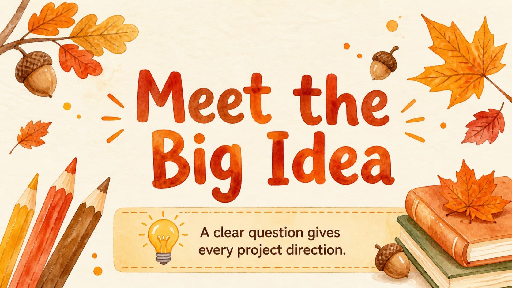 Student project introduction slide with a large title area and playful fall doodles.