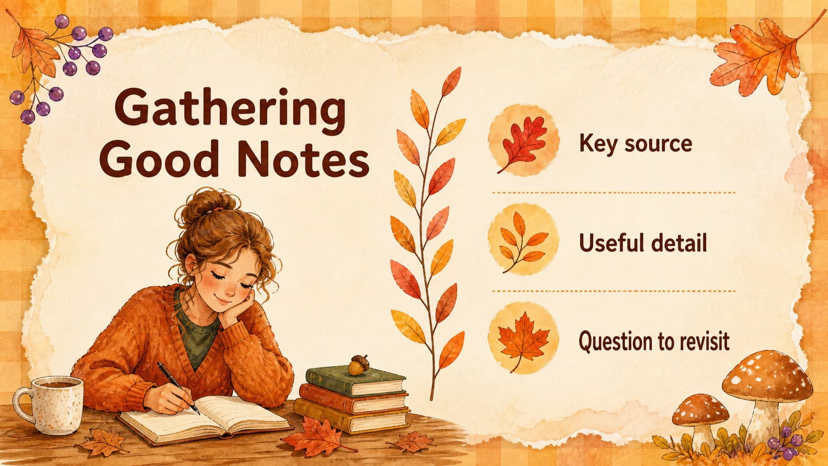 Research notes slide for a fall school project with watercolor leaf decorations.