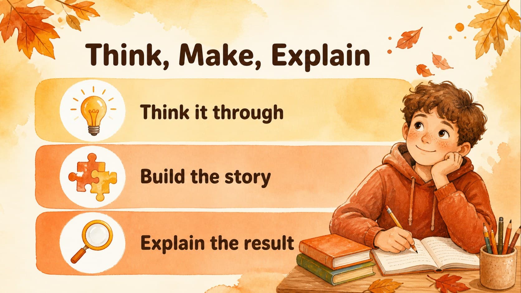Three-part learning framework slide for an autumn classroom project presentation.