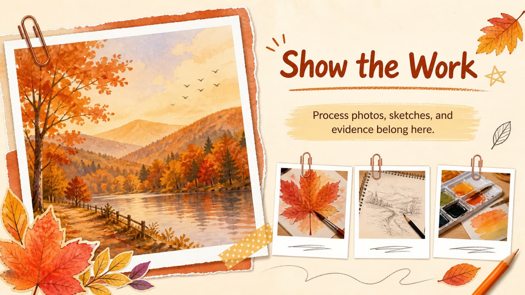 Image collage slide showing spaces for student project photos in a cozy fall palette.