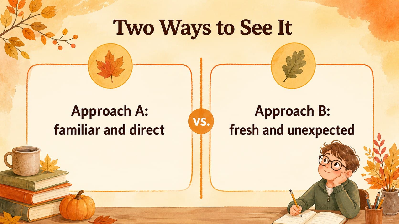 Comparison slide contrasting two ideas with orange leaf doodles for a school presentation.
