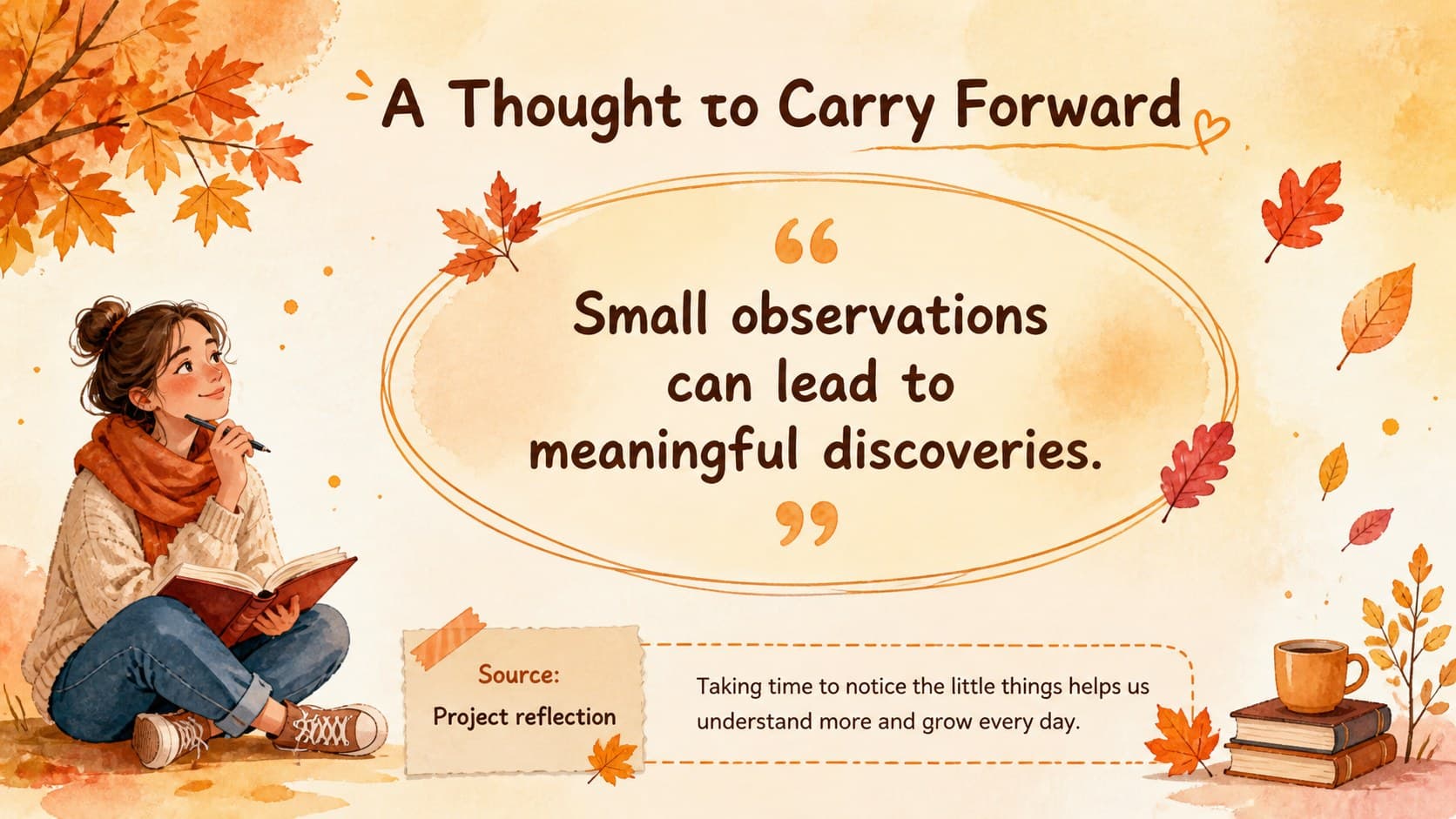 Quote and reflection slide for a high school assignment with hand-painted autumn details.
