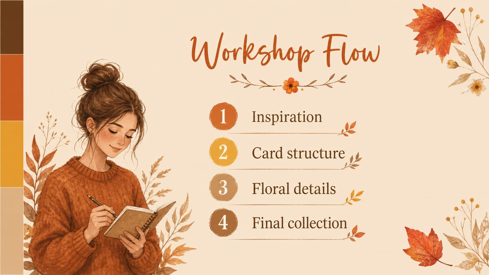 Agenda slide outlining the autumn floral card workshop sections with seasonal botanical decoration.