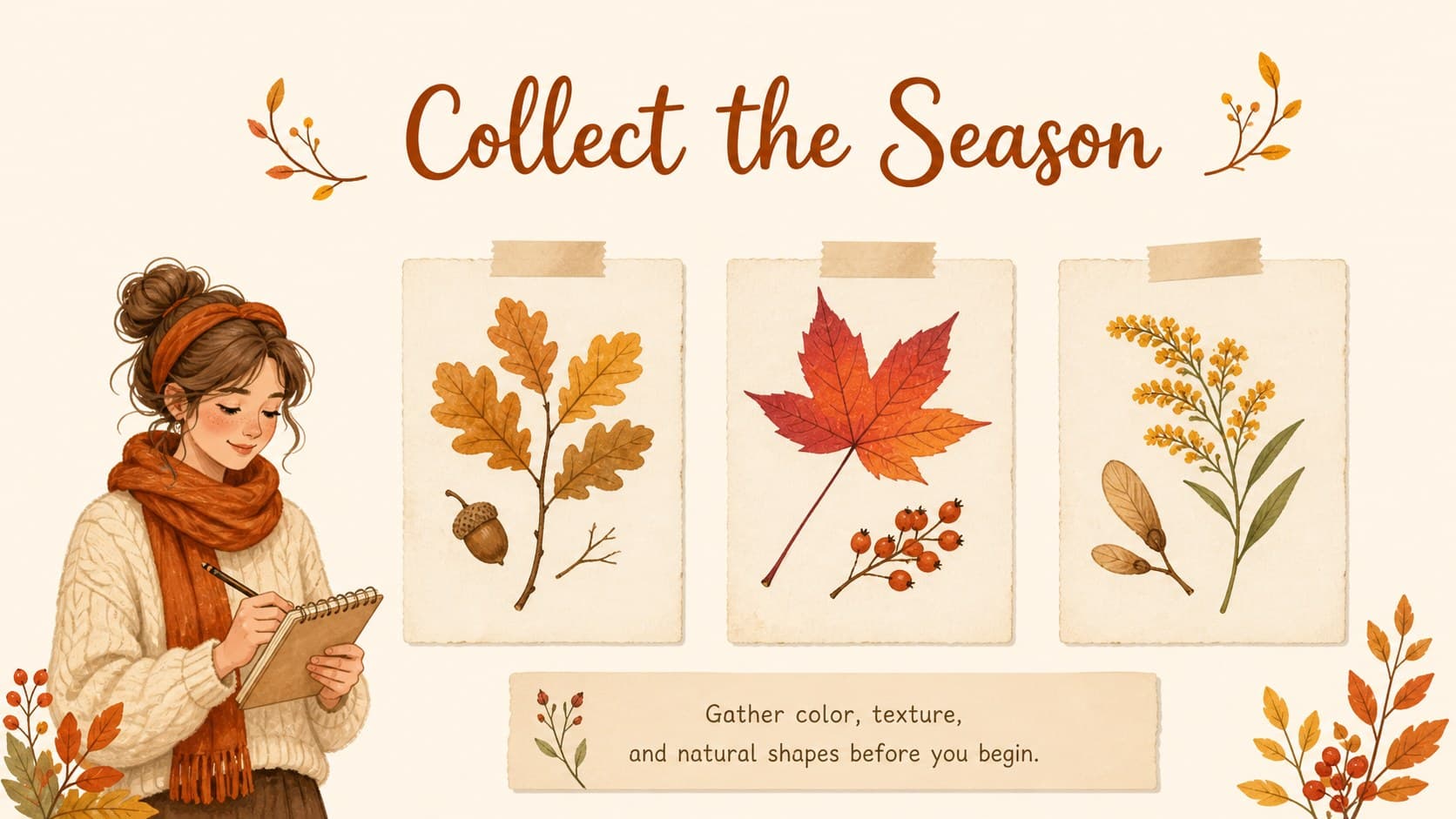 Seasonal inspiration slide presenting autumn flowers, leaves, and warm visual references for card design.