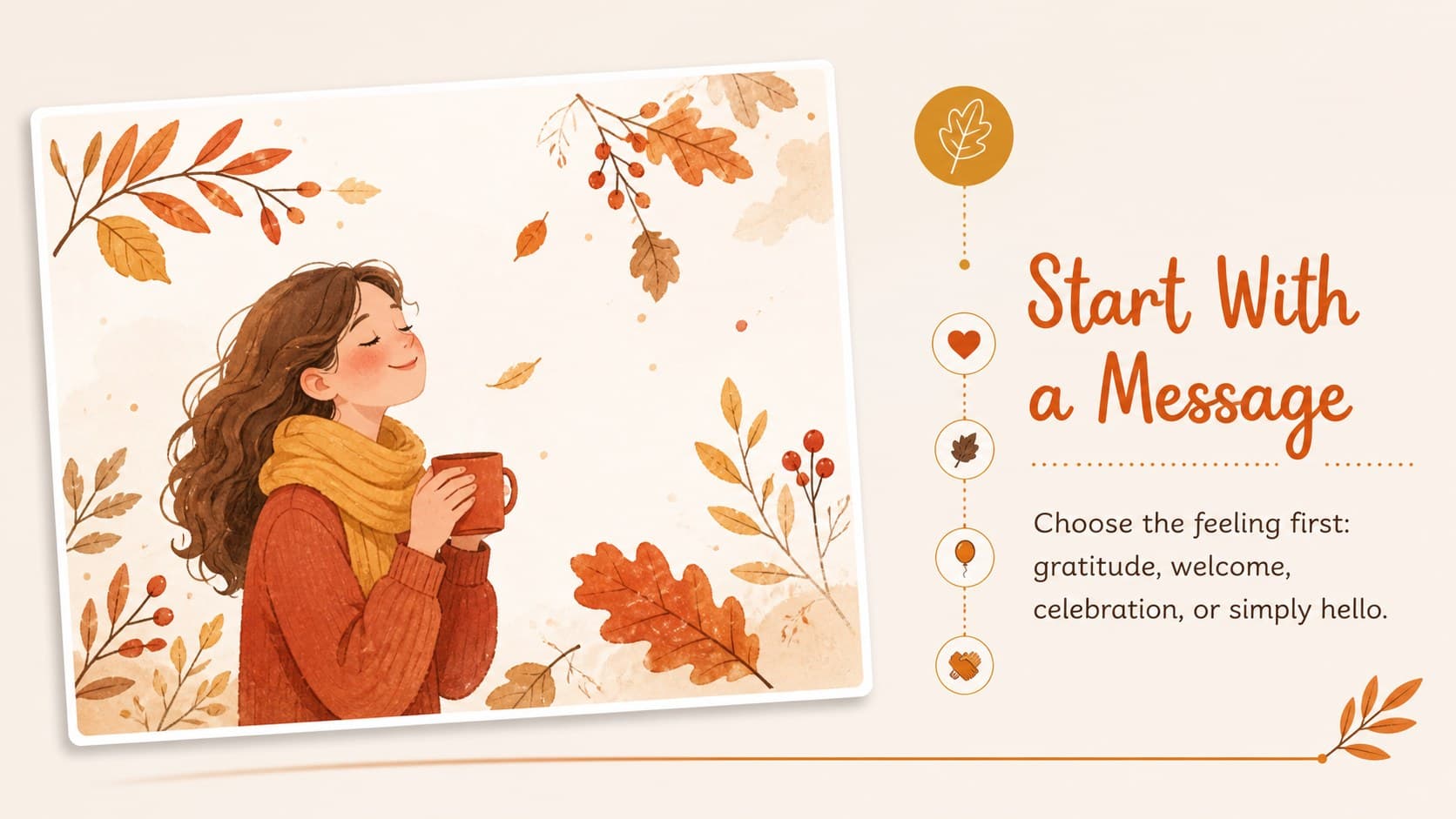 Card concept slide showing a floral greeting-card layout with editable message and botanical details.