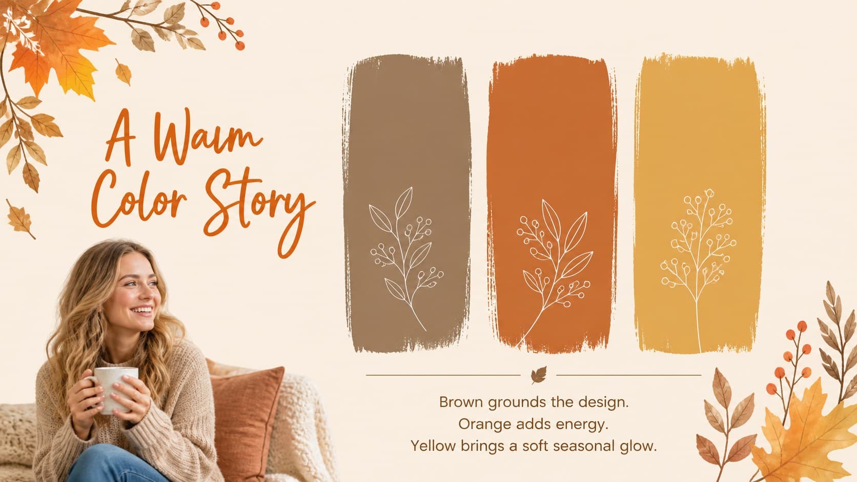 Color palette slide displaying brown, orange, and yellow swatches for an autumn greeting card presentation.