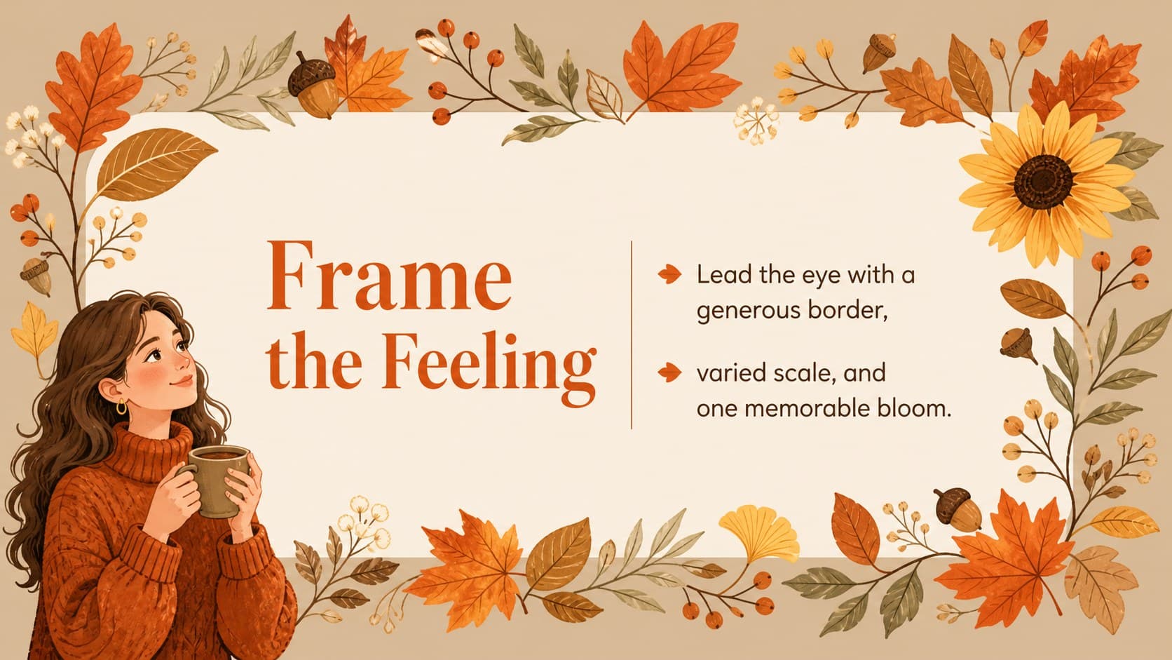Floral composition slide explaining how leaves and blossoms frame a seasonal greeting card.