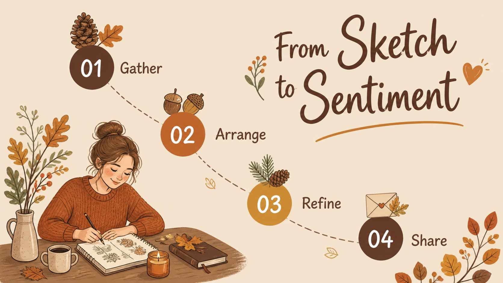 Process slide mapping the steps from sketching to a finished autumn floral greeting card.