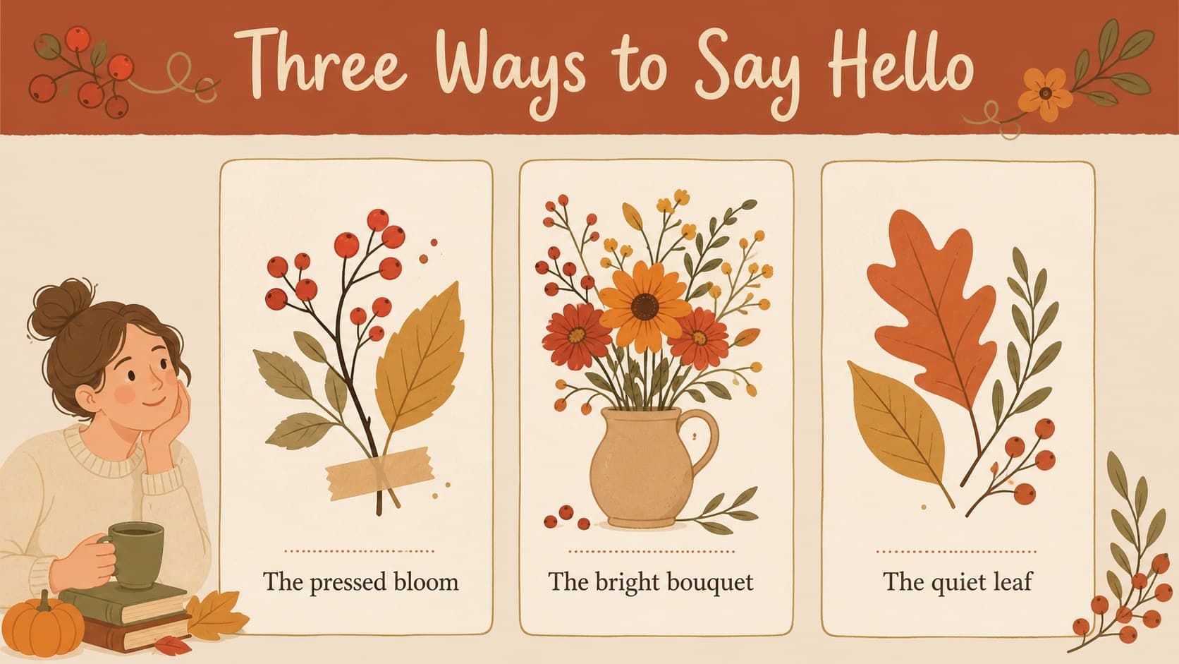 Collection overview slide comparing three autumn floral card concepts for a seasonal design presentation.