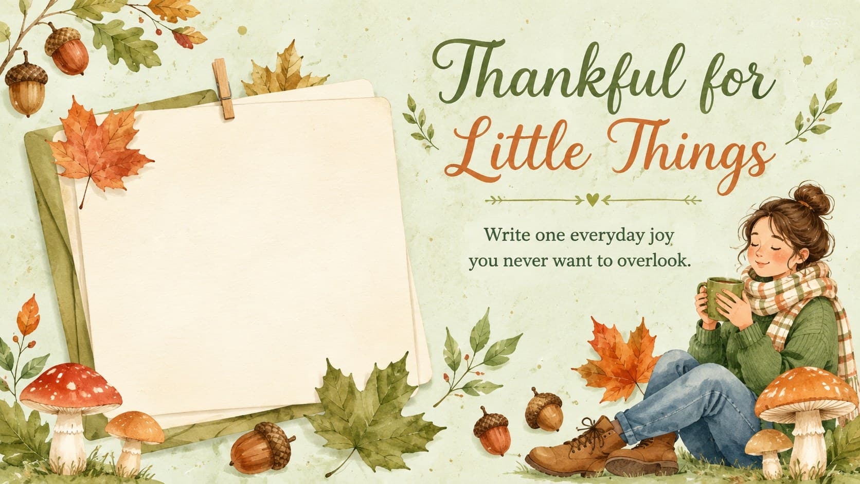 Illustrated classroom gratitude card with watercolor acorns and a Thankful for Little Things message.