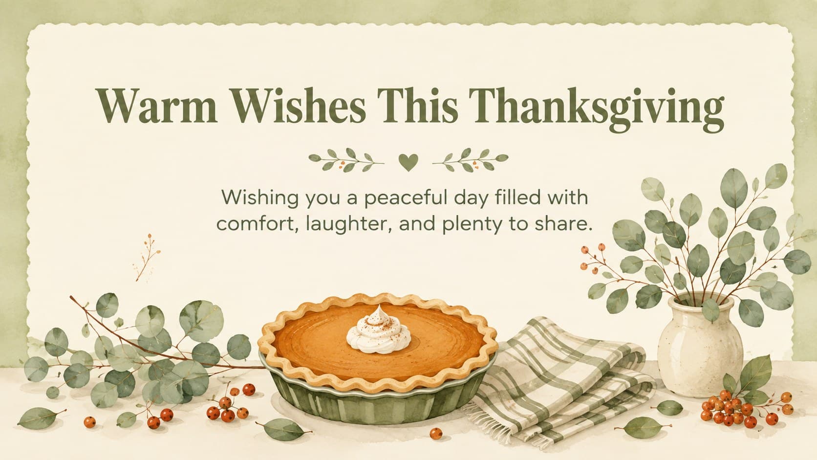 Warm Thanksgiving wishes card with a pale green background and watercolor pumpkin pie and foliage.