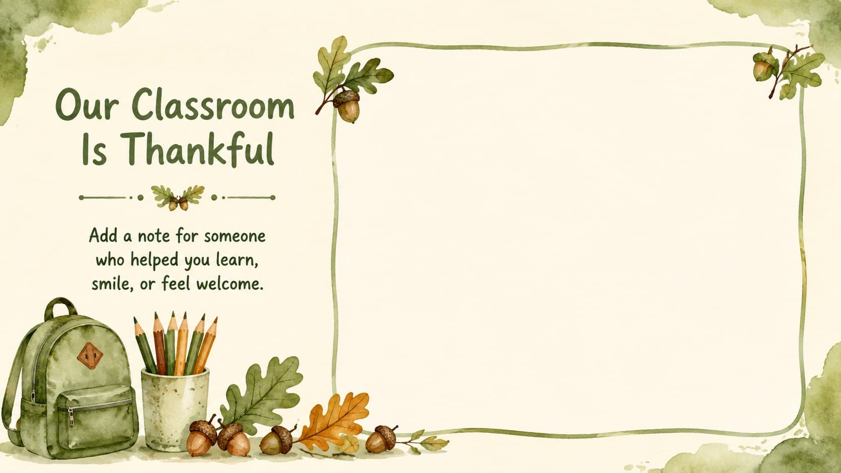 Kid-friendly printable gratitude card for classroom use with watercolor pencils, leaves, and a thankful message.