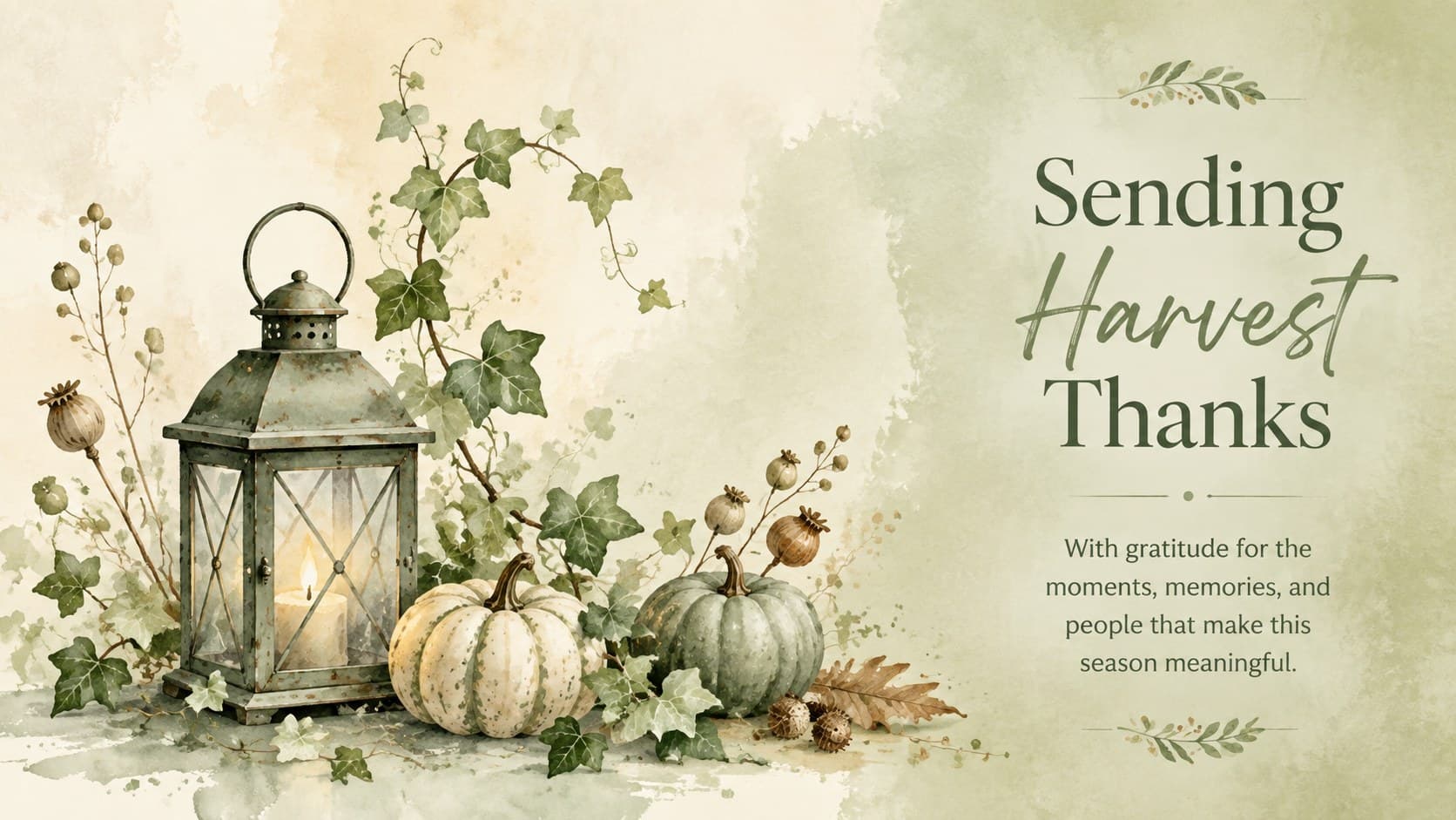 Closing autumn gratitude card with watercolor lantern, green leaves, and a Sending Harvest Thanks message.