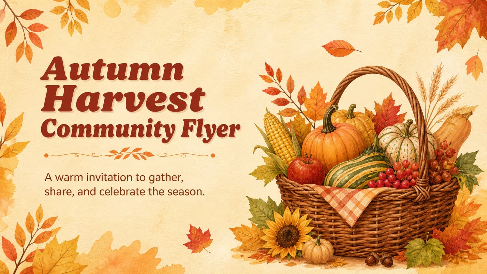 Illustrated cover for an autumn harvest event flyer with warm leaves and seasonal details.