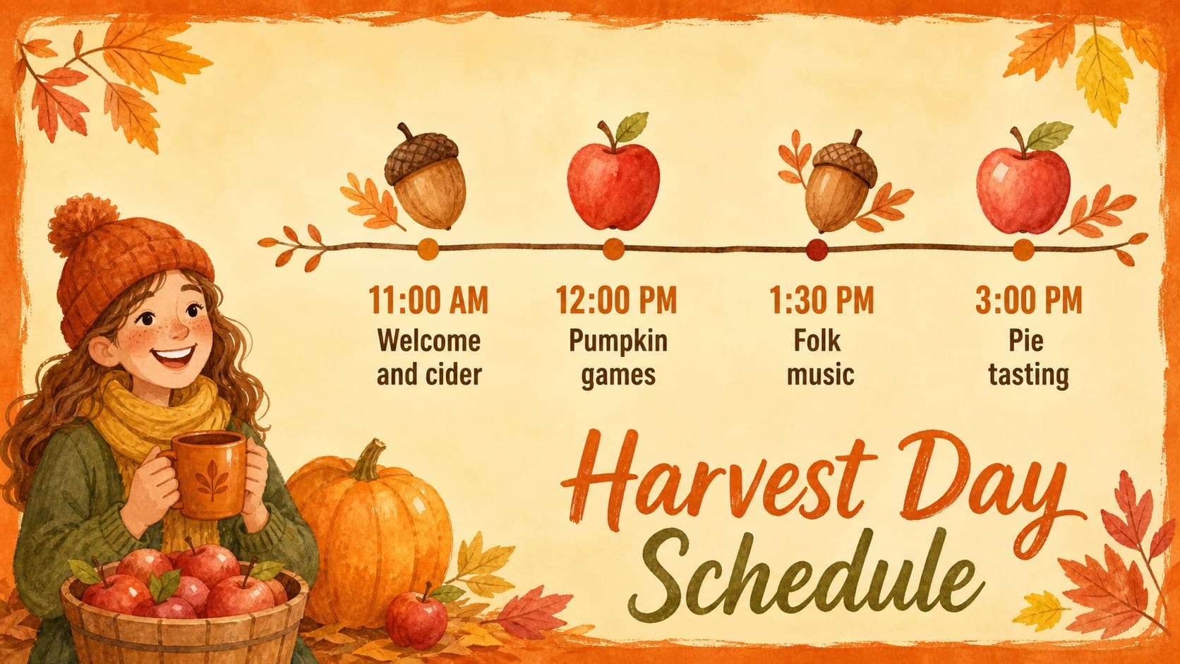Editable fall fair flyer slide showing a simple schedule for harvest day activities.