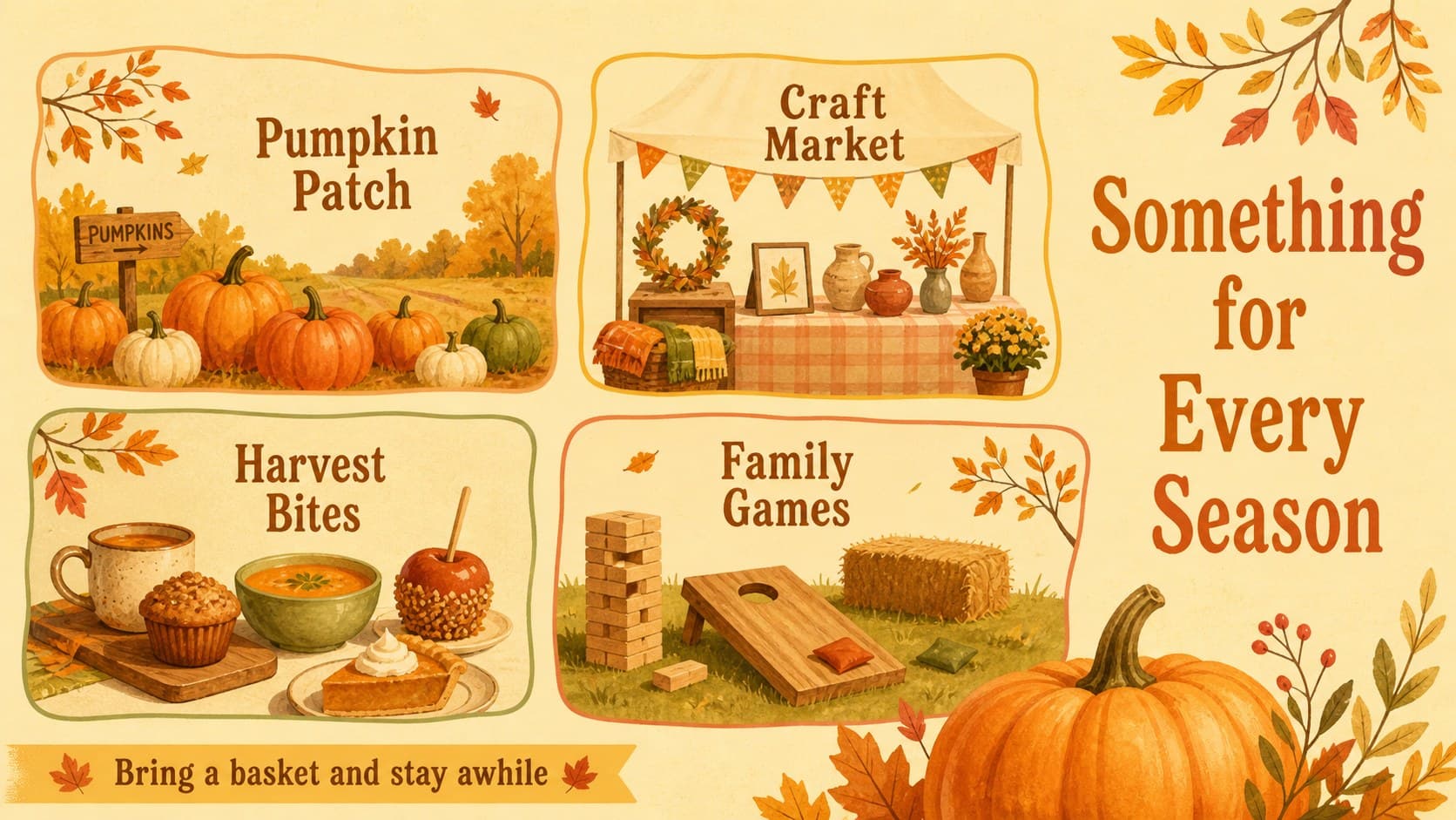 Pumpkin patch promotion template slide highlighting activities, food, and family-friendly attractions.