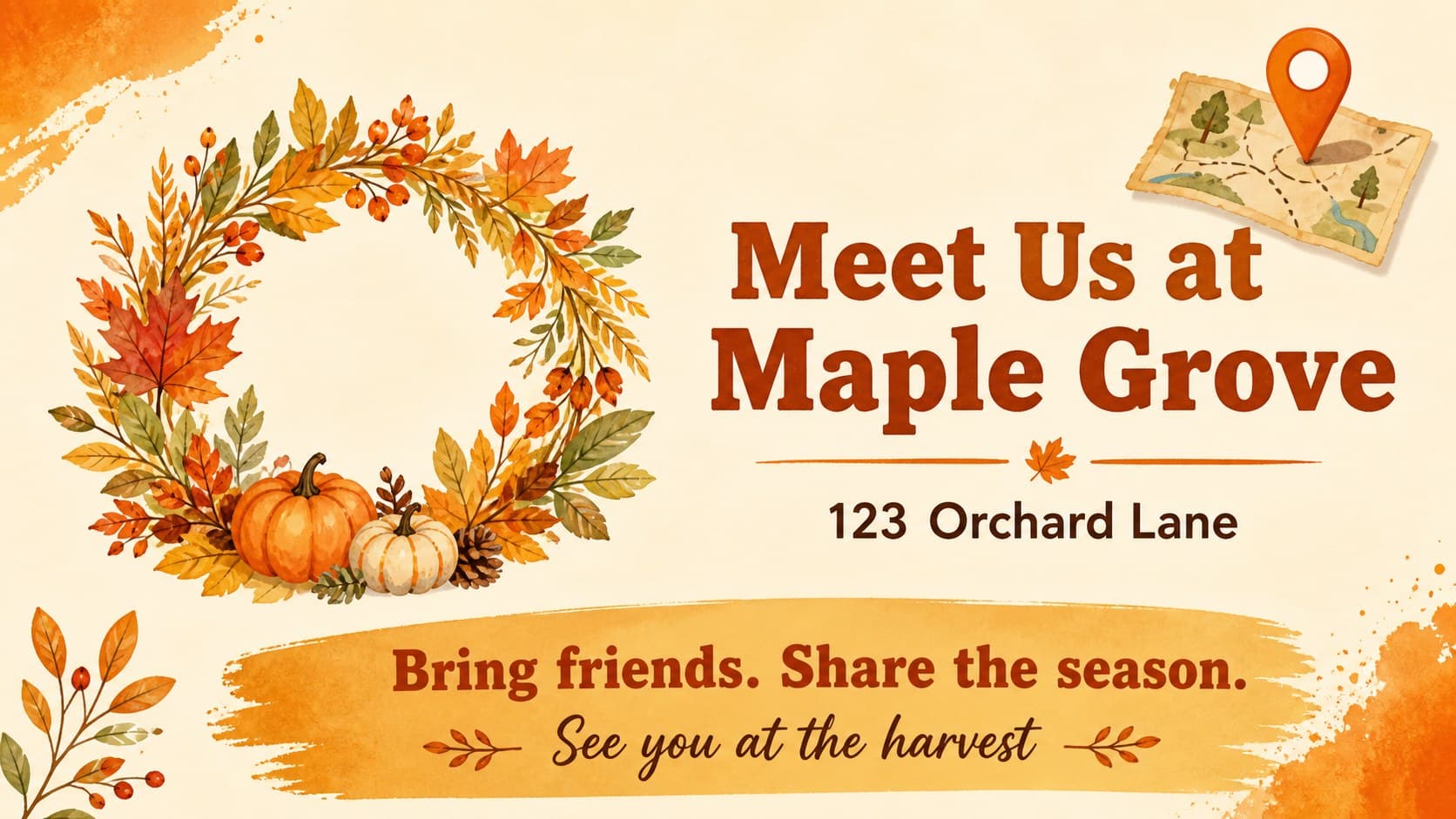 Closing autumn community flyer slide with location details and a seasonal invitation to attend.
