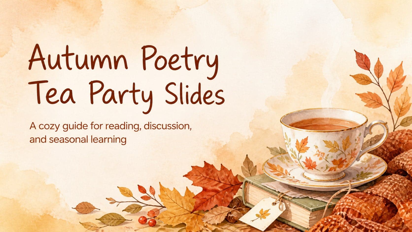 Cover slide for an autumn poetry tea party slides deck with warm brown watercolor decoration and a cozy literary mood.
