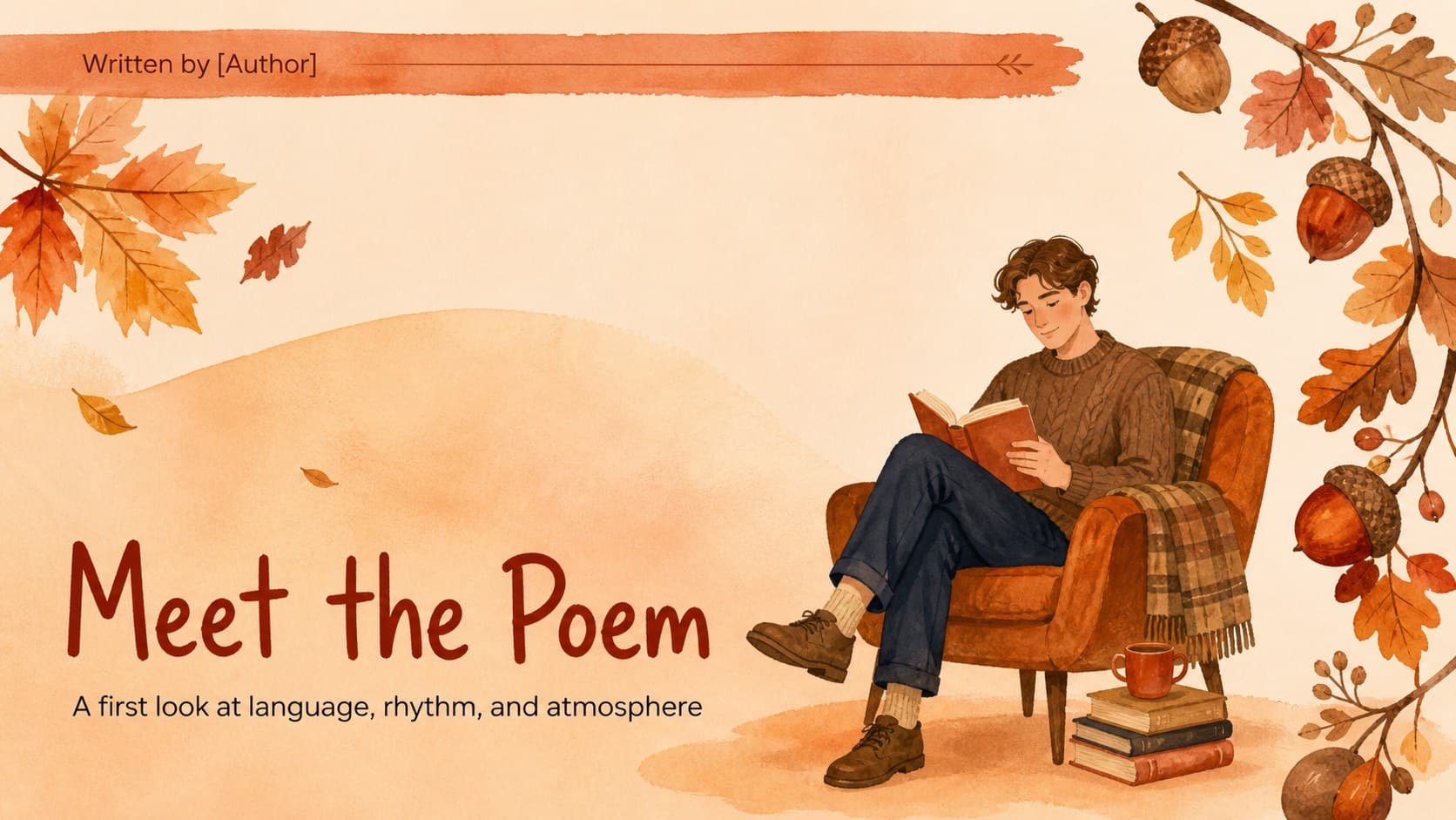 Poem introduction slide with a large title area, watercolor foliage, and a calm autumn reading atmosphere.