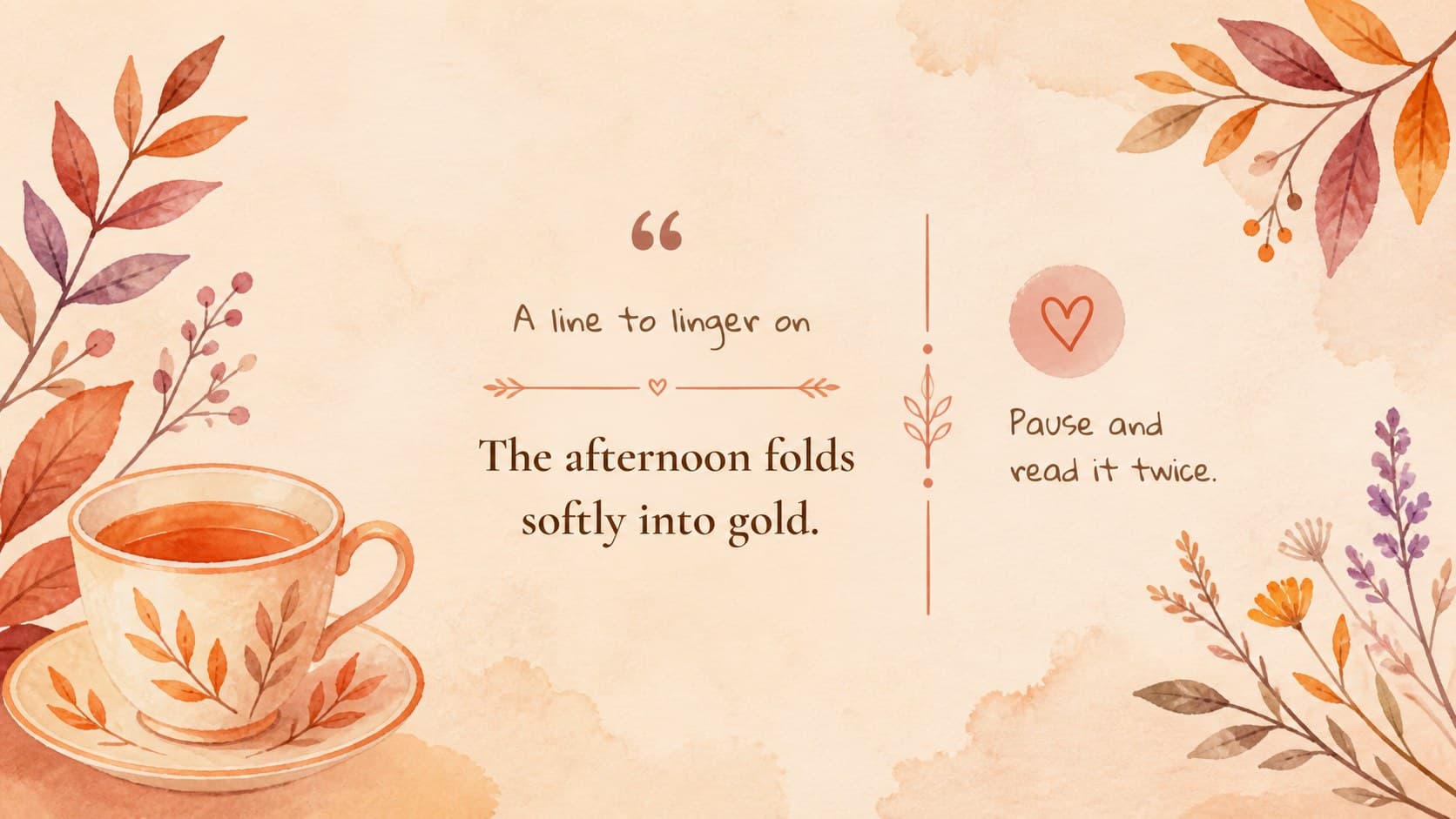 Featured poem quote slide displaying readable verse beside a brown watercolor teacup illustration.