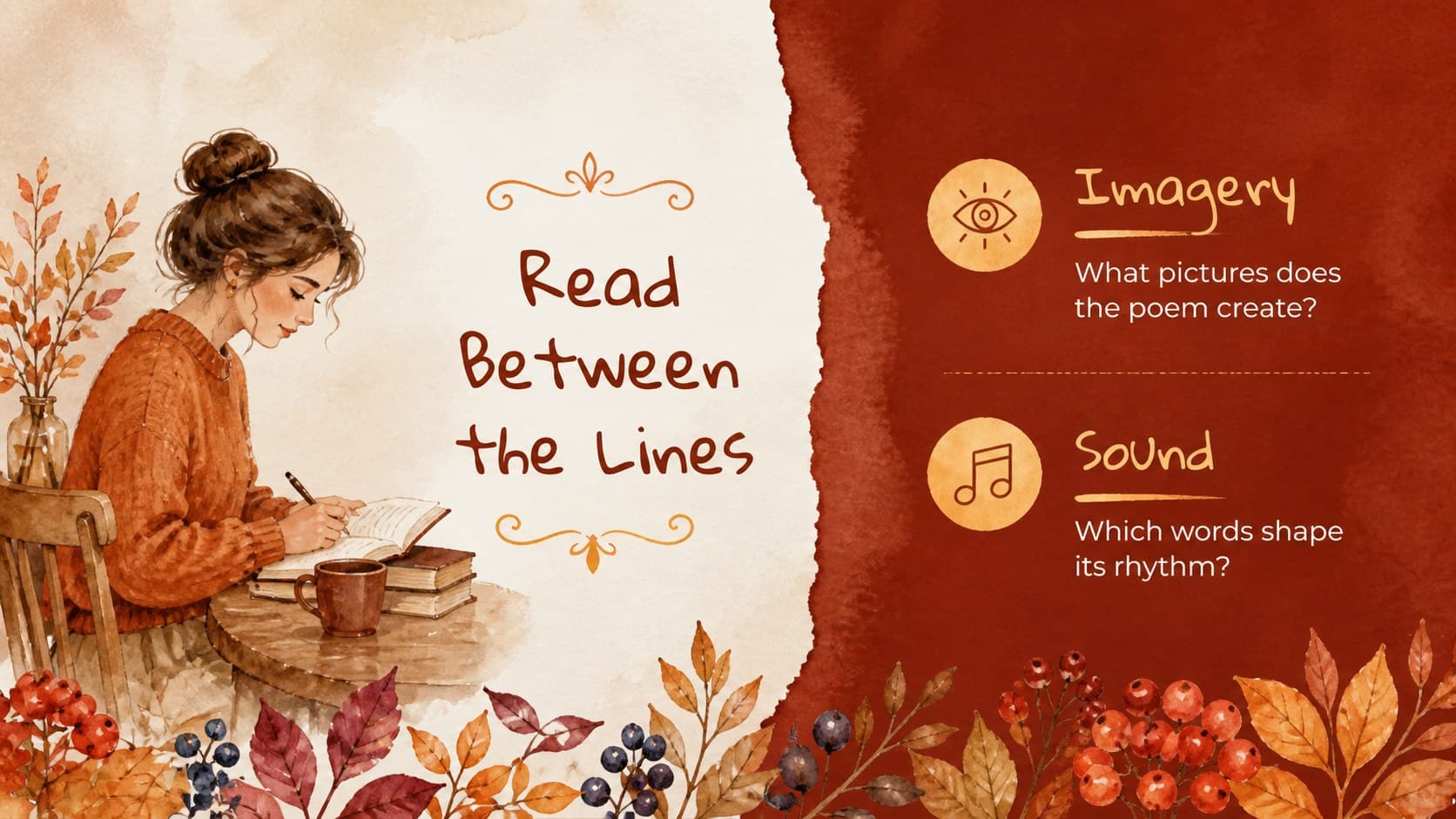 Two-column poetry analysis slide for imagery and sound with rustic watercolor leaf decorations.