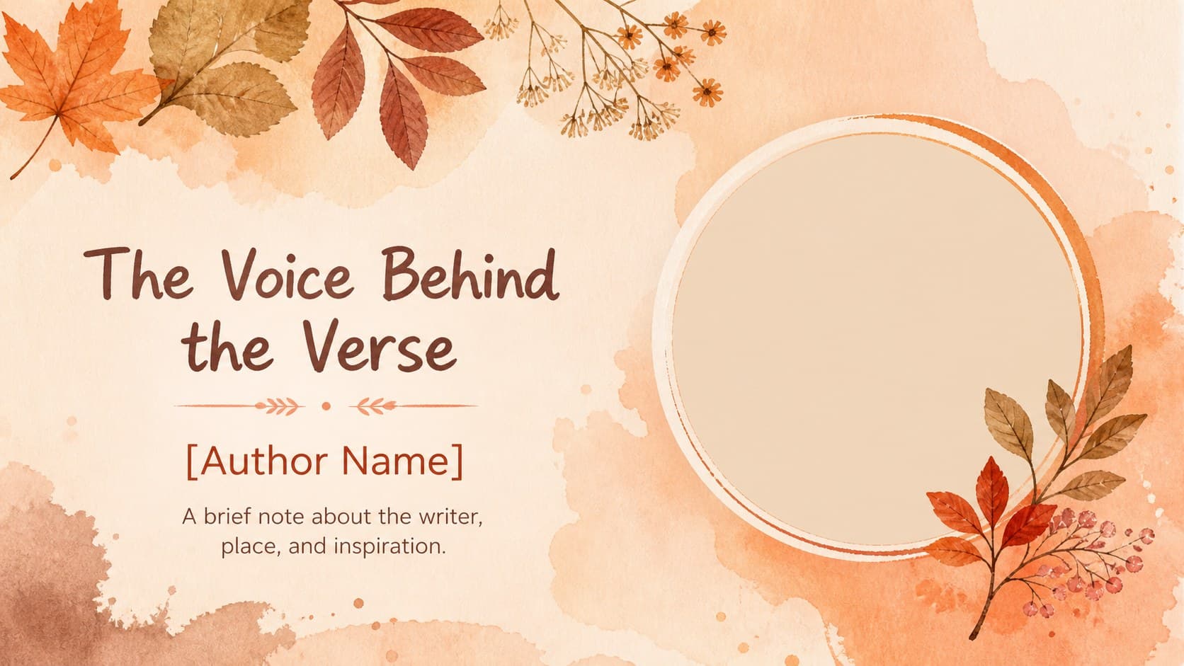 Author profile slide with a portrait placeholder, biography text, and warm watercolor autumn ornament.