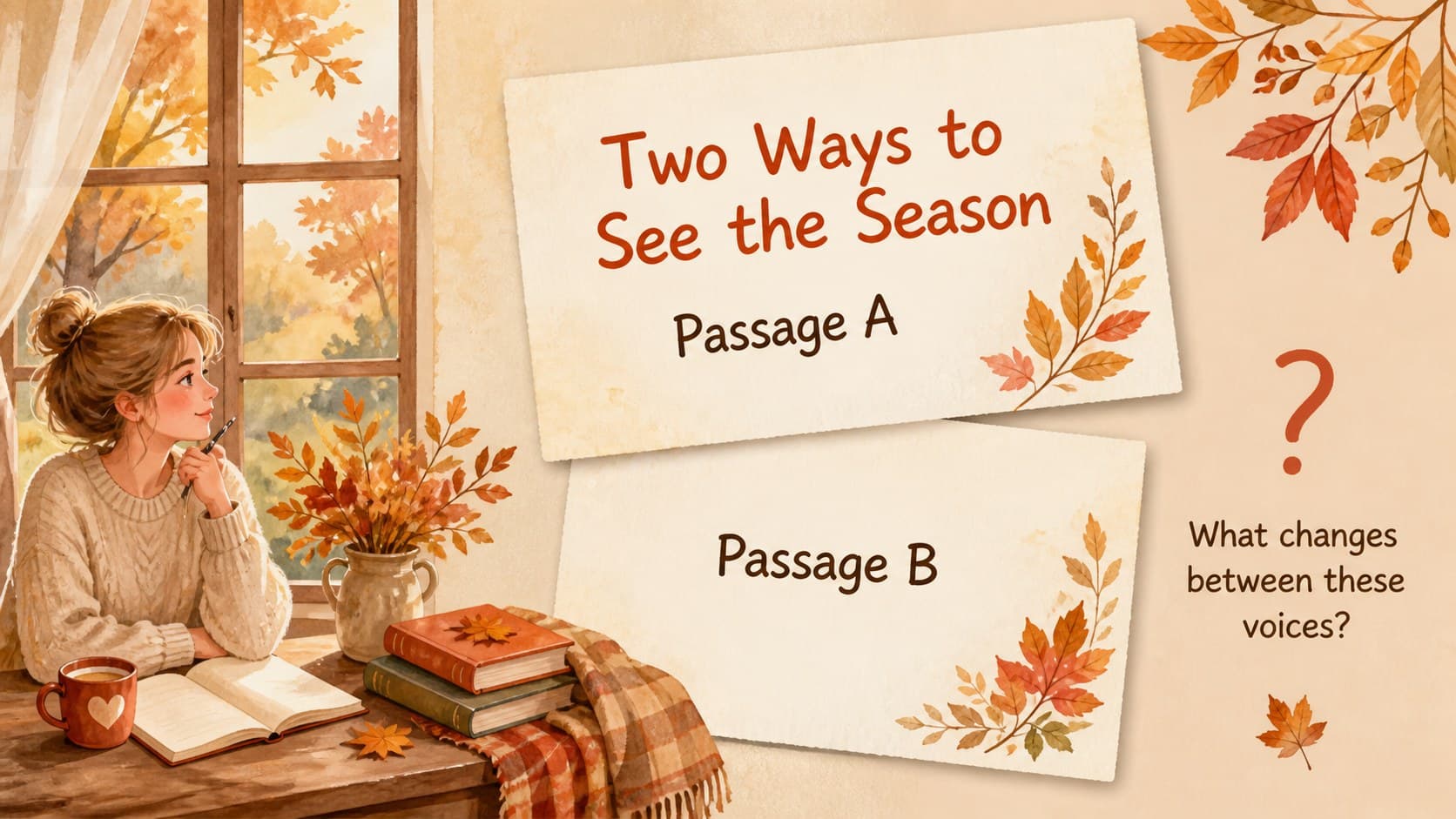 Poetry comparison slide contrasting two passages with rustic brown watercolor accents and editable text blocks.
