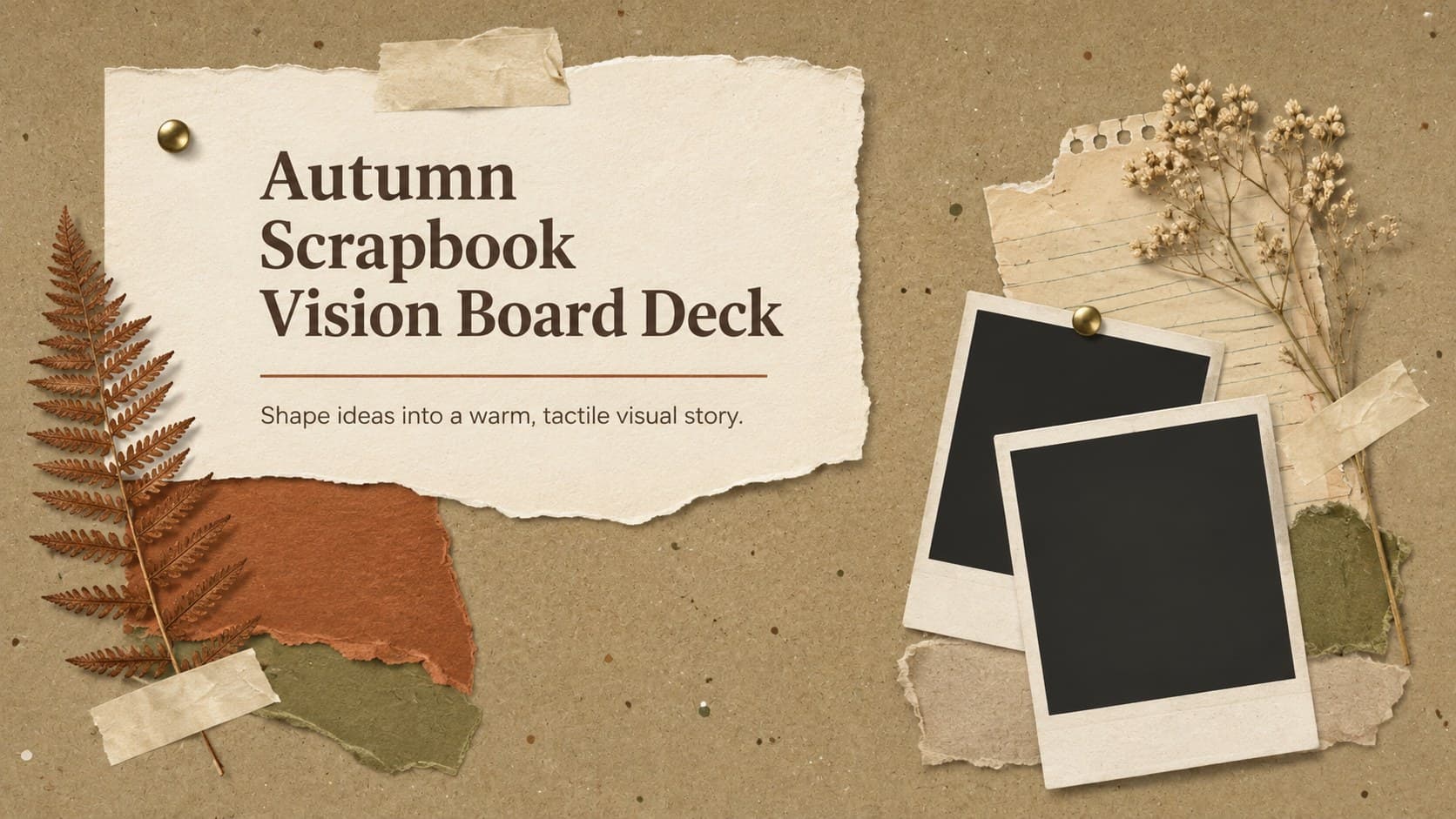 Cover of the Autumn Scrapbook Vision Board Deck with warm brown paper textures, botanical clippings, and instant-photo frames.