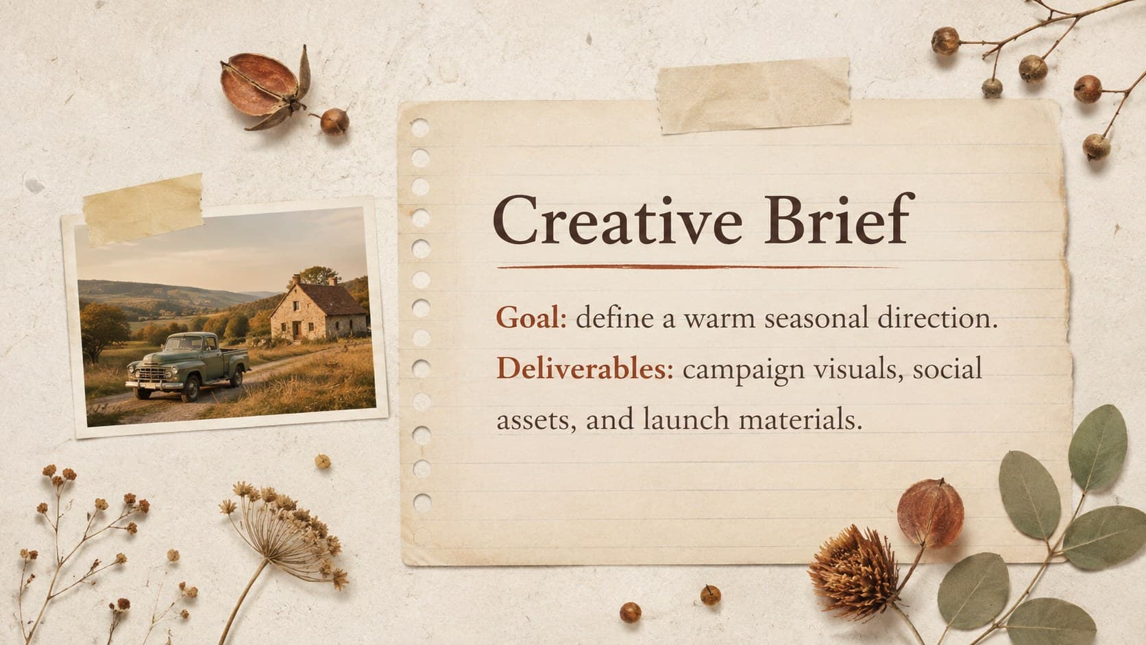 Creative brief slide from an autumn scrapbook vision board deck with project goals, deliverables, and a pinned photo.