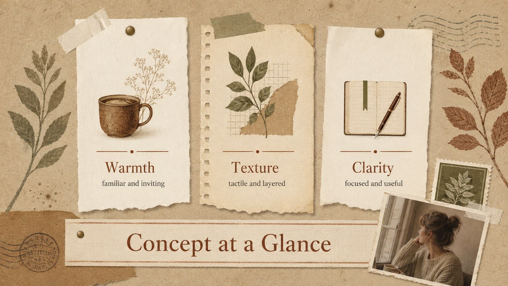 Concept overview layout featuring three themes for a seasonal creative direction deck in a warm neutral collage style.