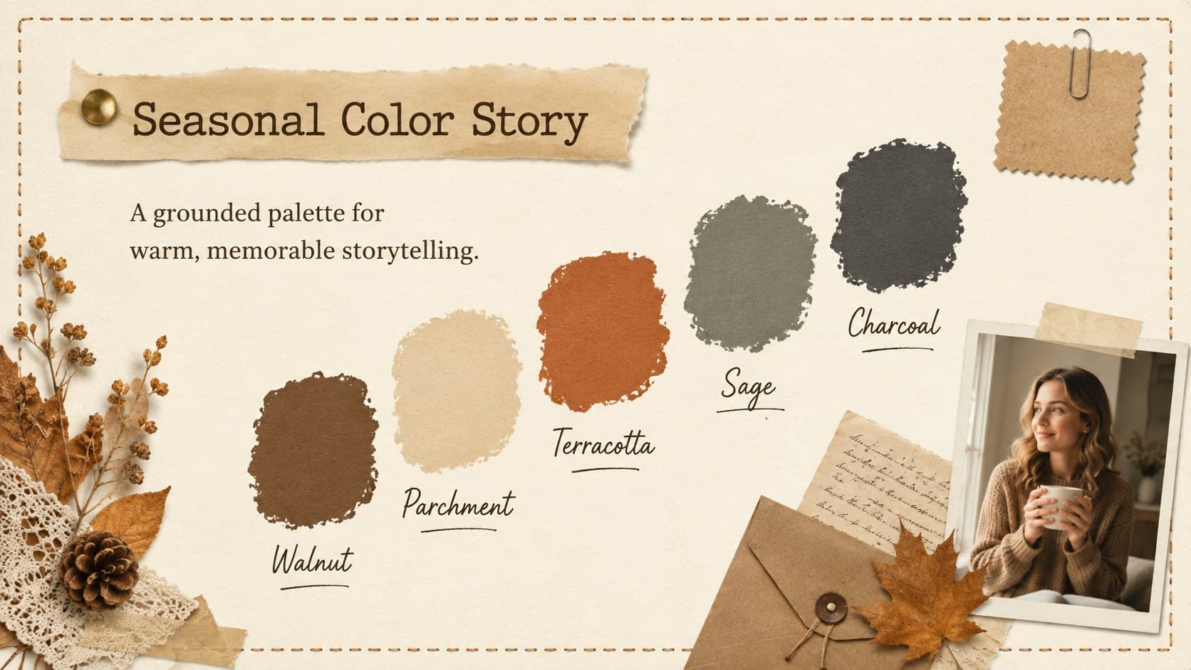 Warm neutral color palette slide with labeled swatches for an editable autumn inspiration board.