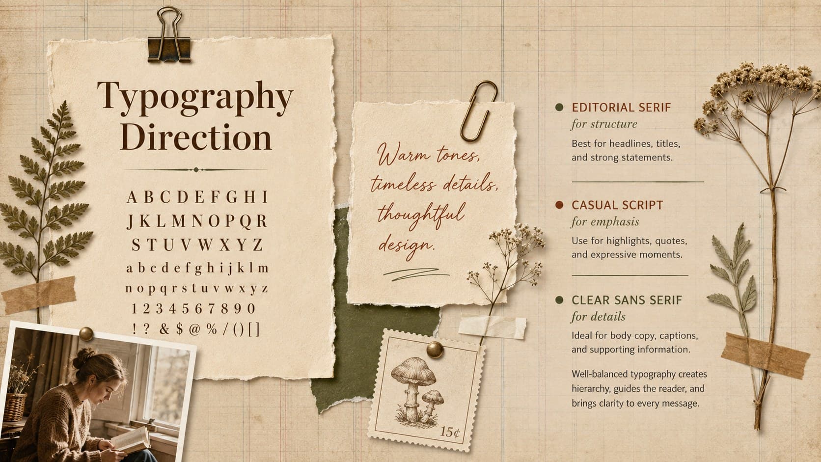 Typography direction slide combining serif and script samples in a vintage editorial planning layout.