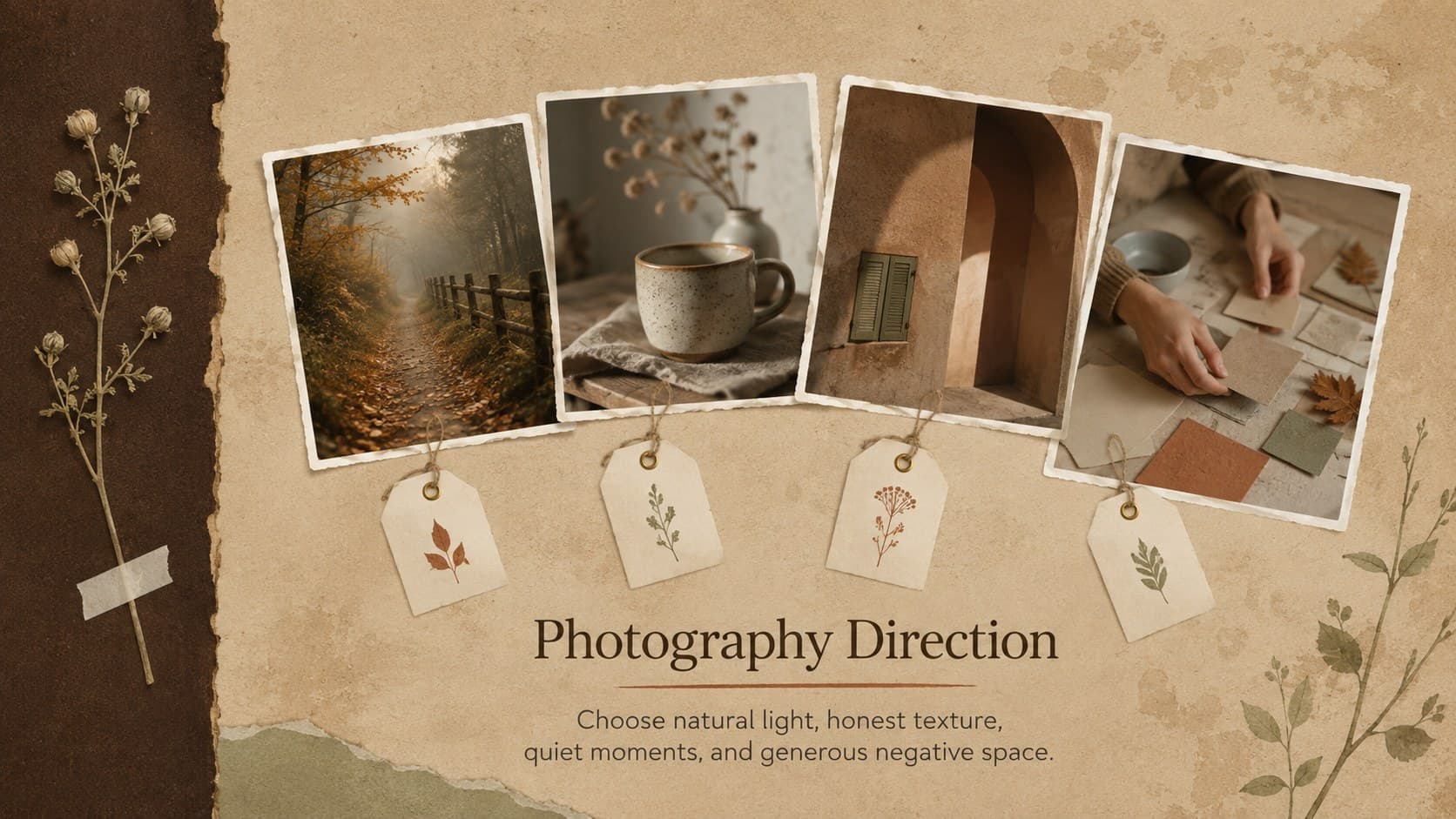 Photography direction page with original nature, tabletop, and architecture images in a polaroid project planning slide.