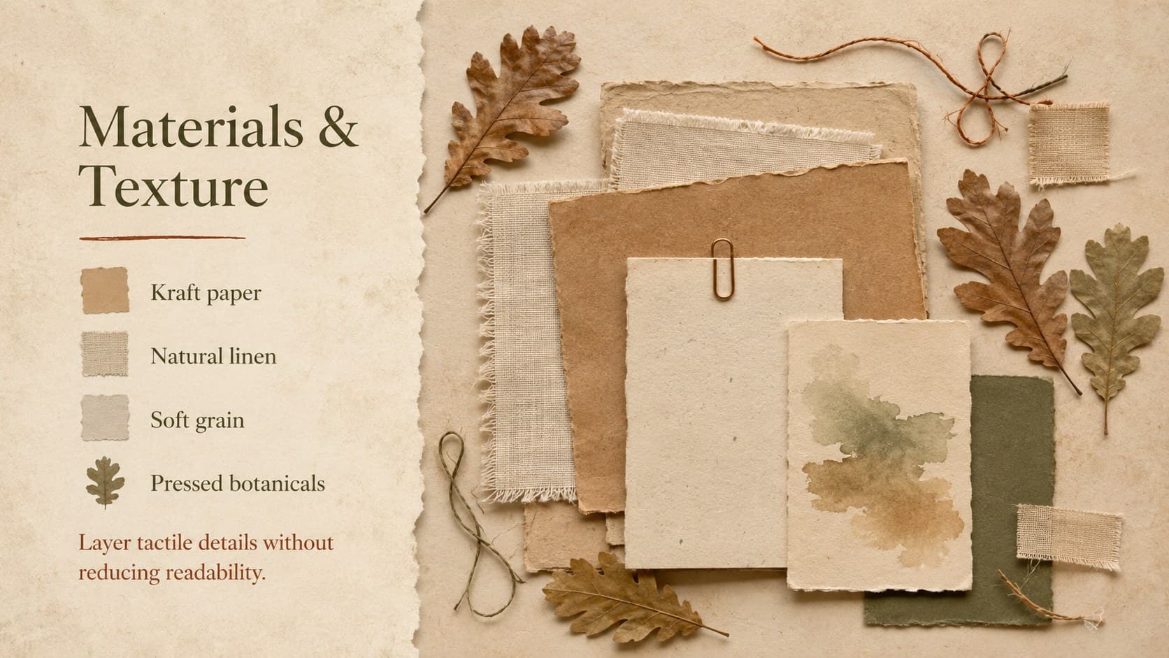 Material and texture board showing kraft paper, linen, ink, and pressed leaves for a scrapbook branding concept presentation.
