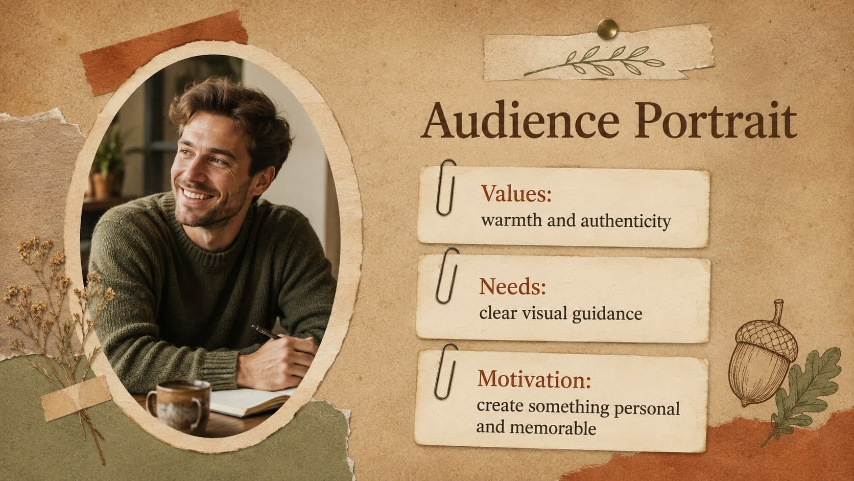 Audience profile slide for a seasonal campaign with needs, preferences, and motivations in a warm scrapbook layout.