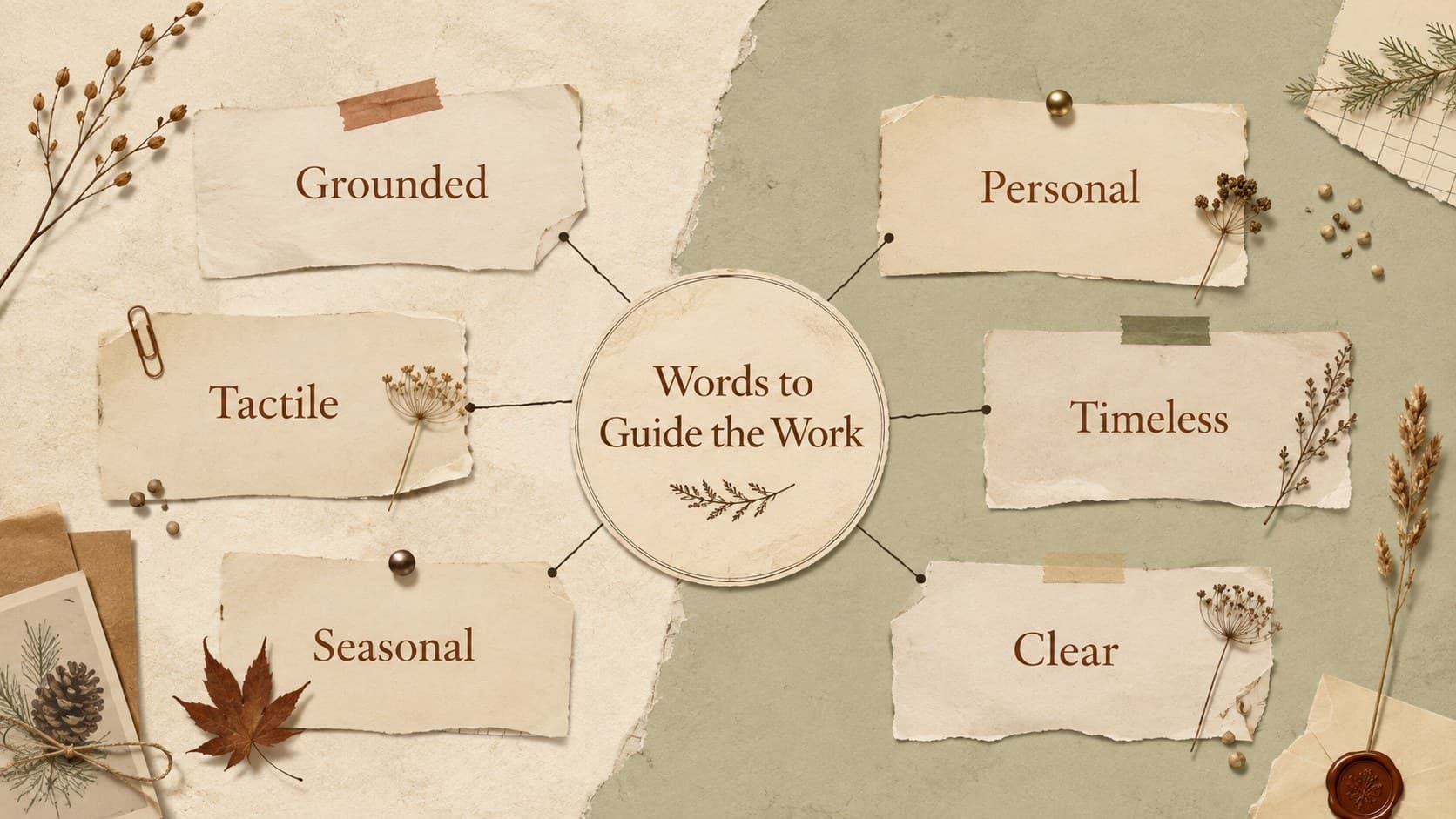 Theme keywords slide displaying six creative direction words on layered paper labels in an autumn collage presentation.