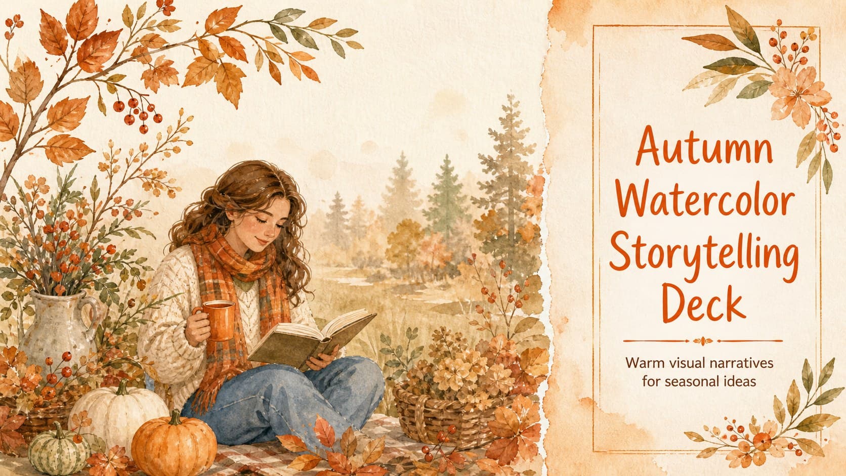 Cover slide for an autumn watercolor storytelling deck with orange foliage and a rustic seasonal atmosphere.