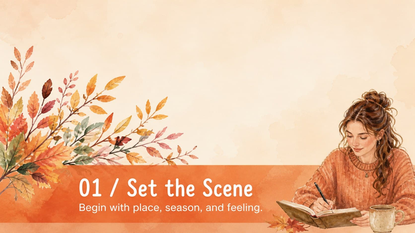 Section divider slide introducing autumn atmosphere with watercolor branches and a warm orange background.