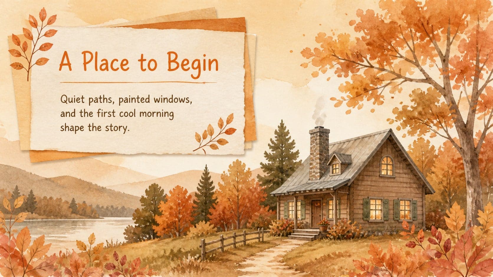 Story setting slide with a watercolor cabin, trees, and short autumn narrative text.