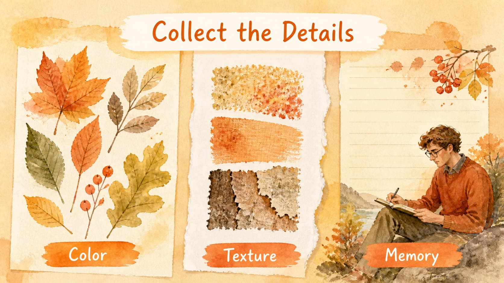 Visual inspiration slide showing autumn botanical watercolor elements beside creative notes.