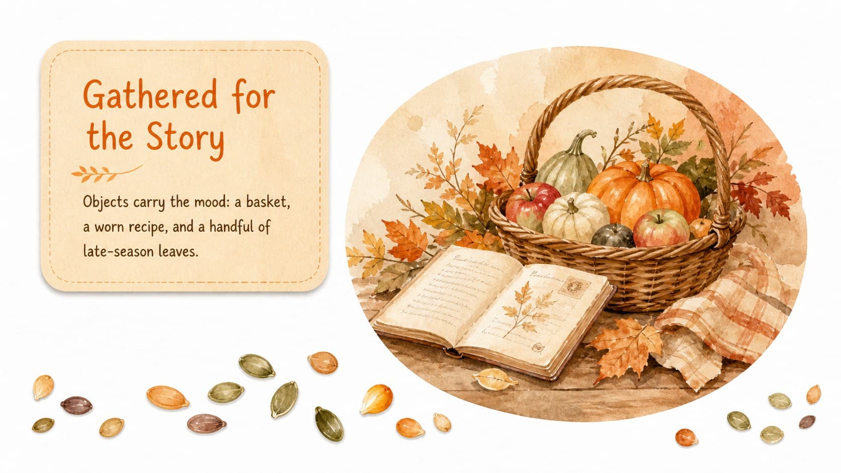 Image-led autumn slide with a painted harvest basket and supporting seasonal storytelling caption.