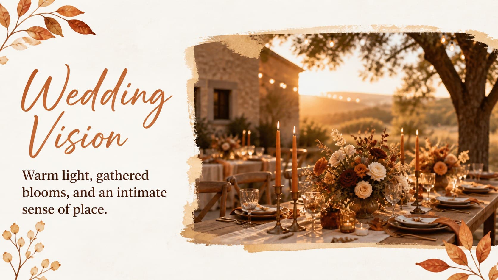 Wedding vision slide presenting the atmosphere and creative direction for a seasonal celebration.