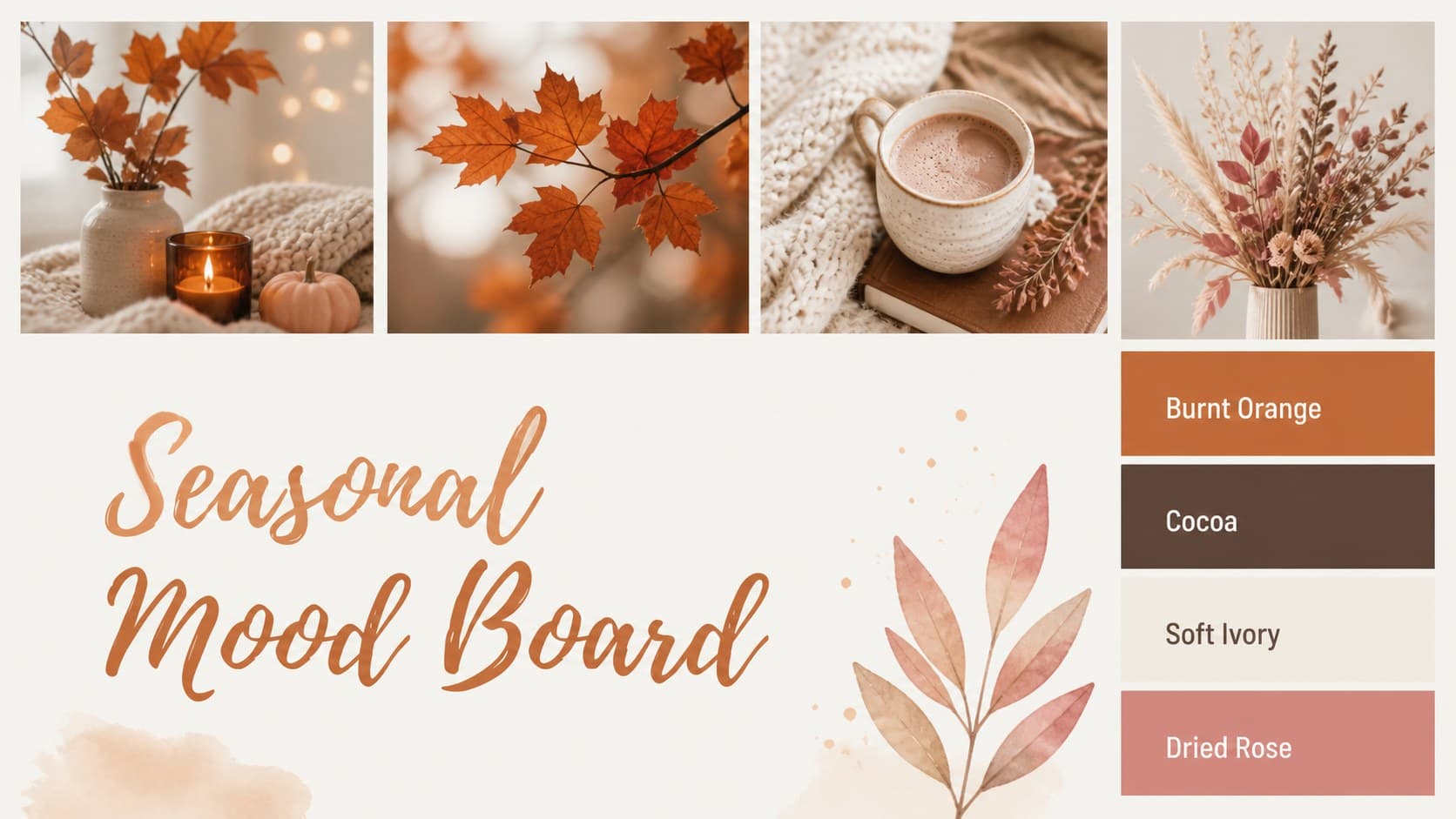 Mood board slide showing autumn wedding colors, textures, and floral inspiration.