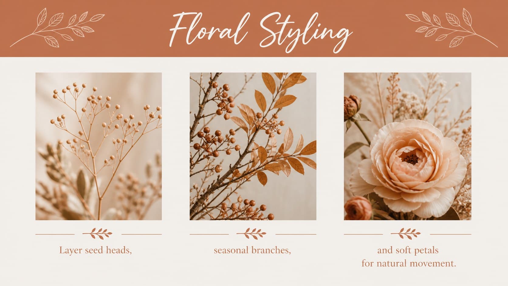 Floral styling slide outlining botanical details for an autumn wedding setting.