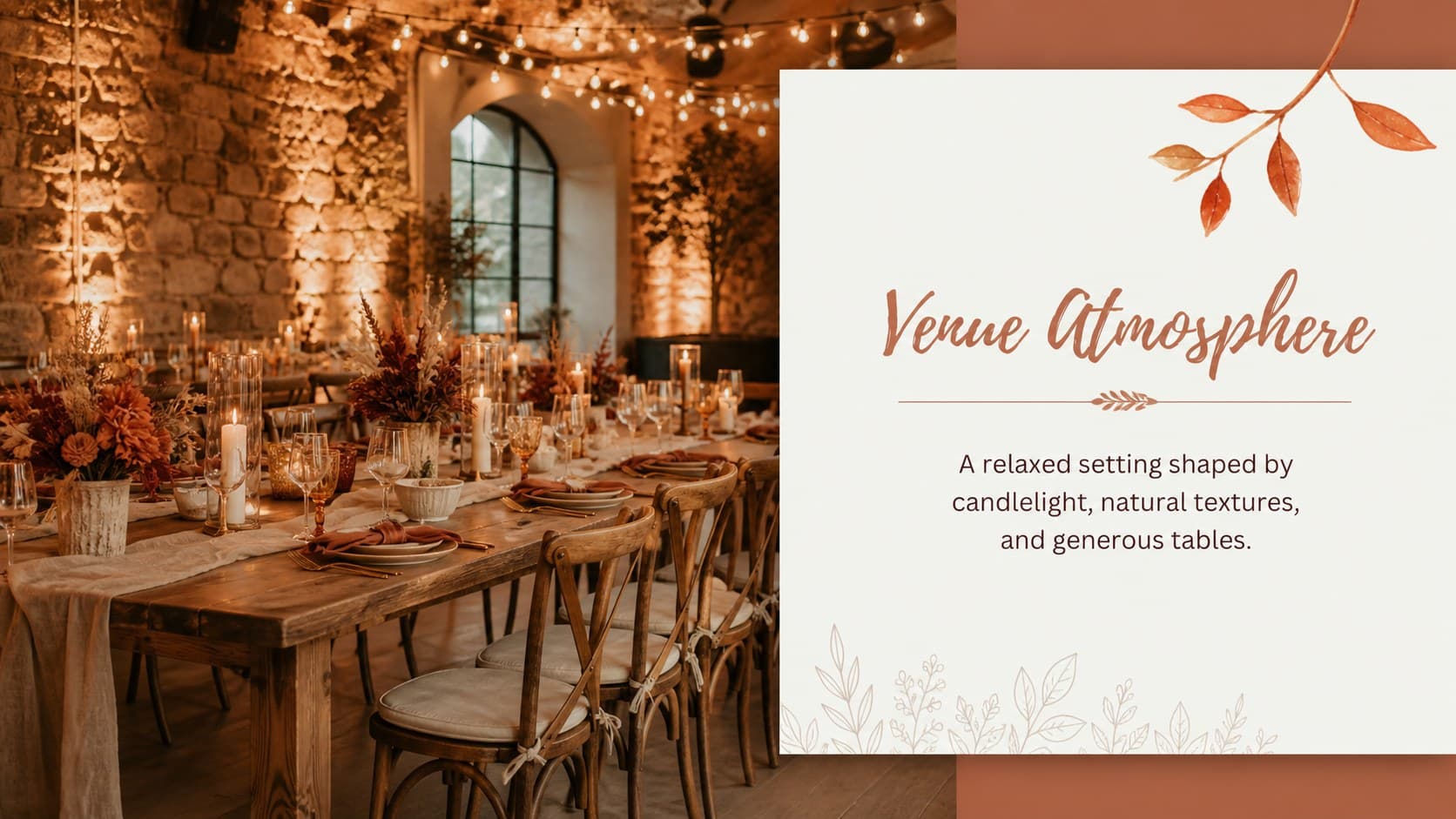 Venue styling slide describing an inviting reception setting with autumn details.