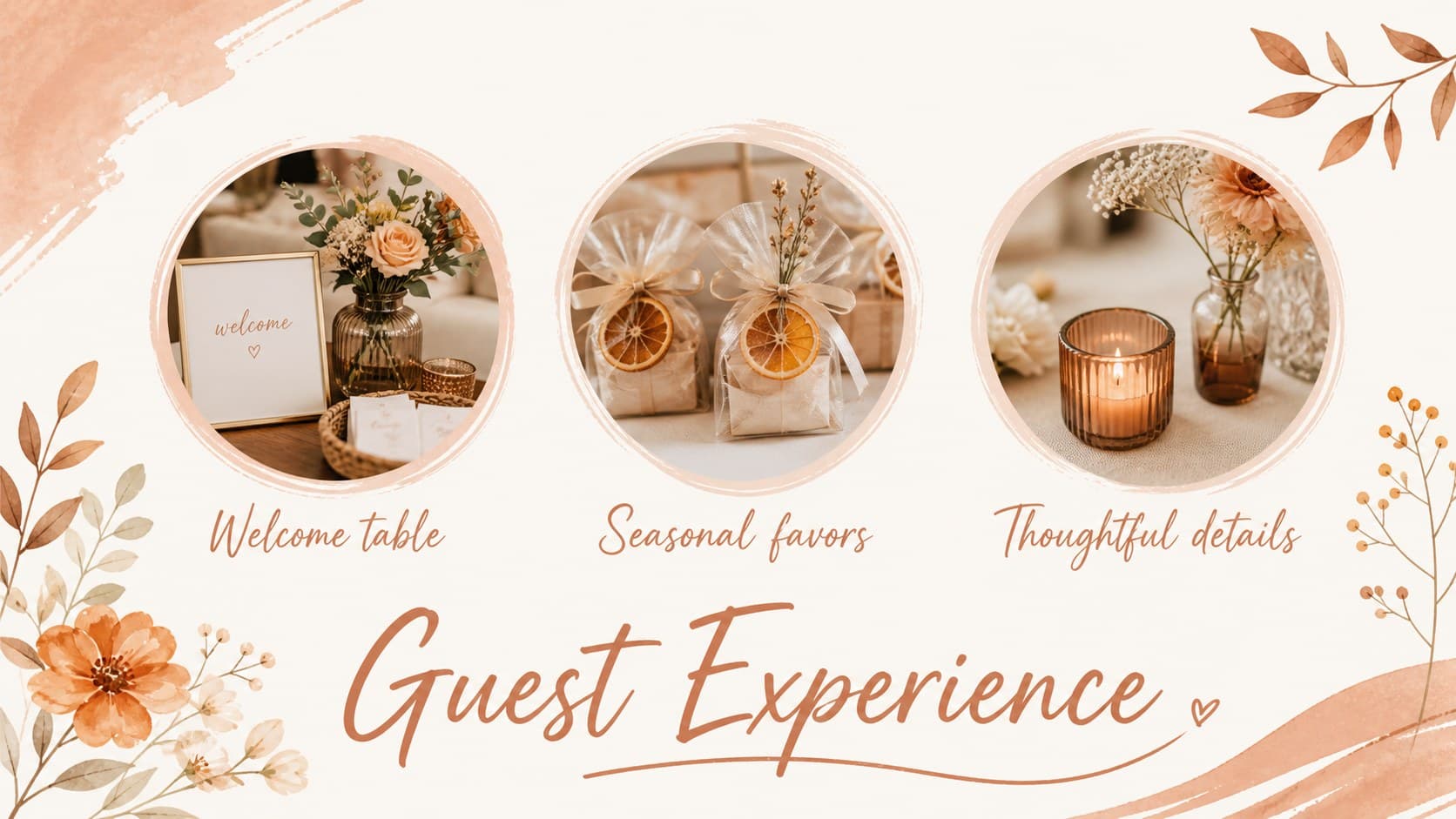 Guest experience slide organizing welcome moments and thoughtful reception details.