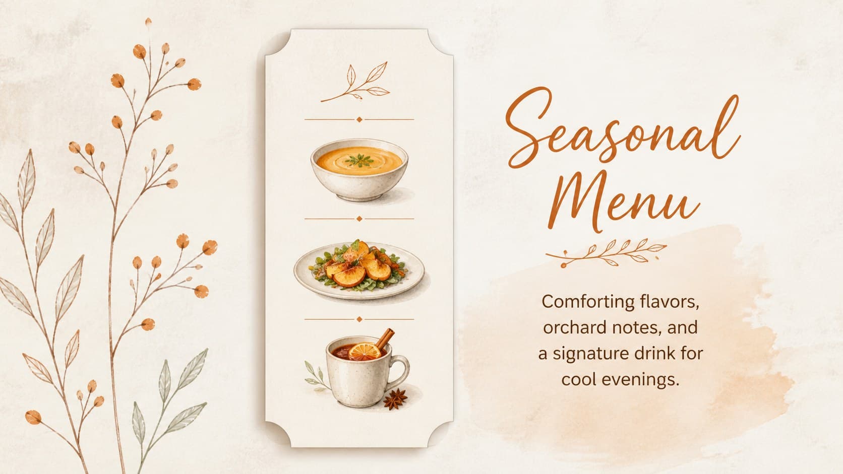 Reception menu slide featuring a refined seasonal food and drink concept.