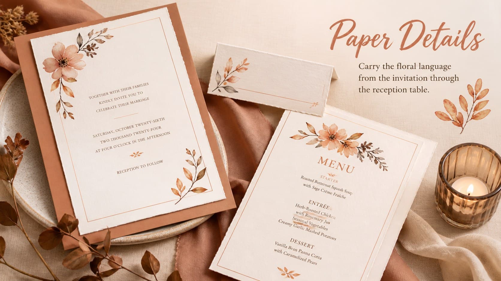 Stationery slide displaying coordinated invitation and day-of paper ideas for a fall wedding.