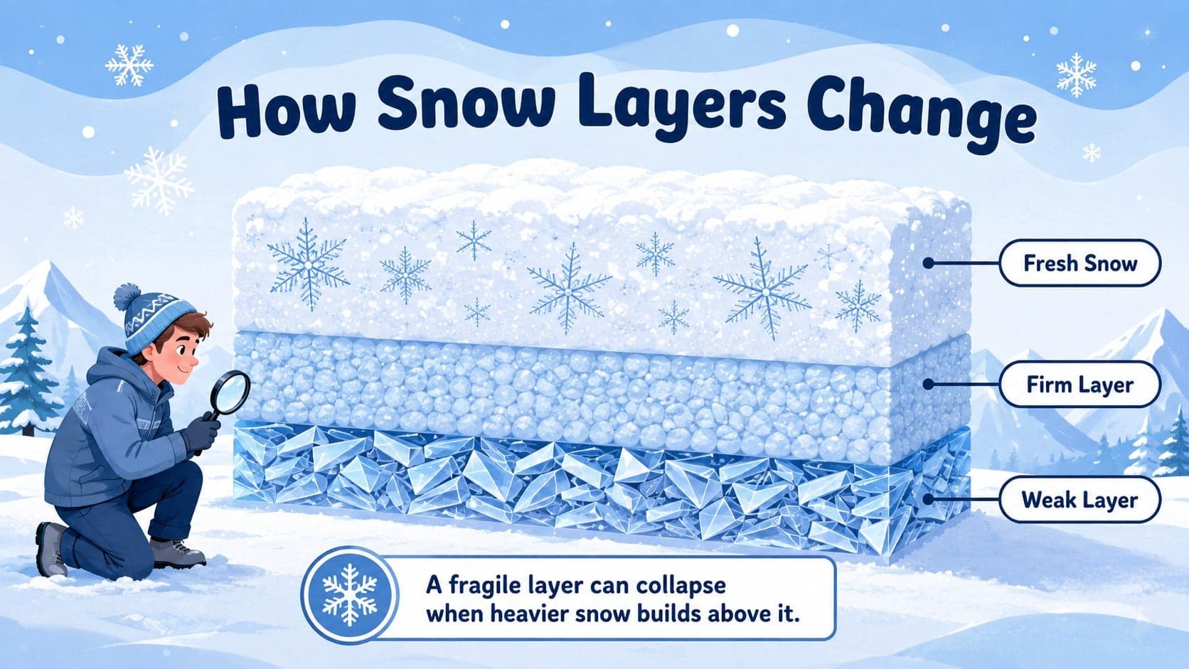 Snow science classroom presentation showing how weak snow layers can produce an avalanche.
