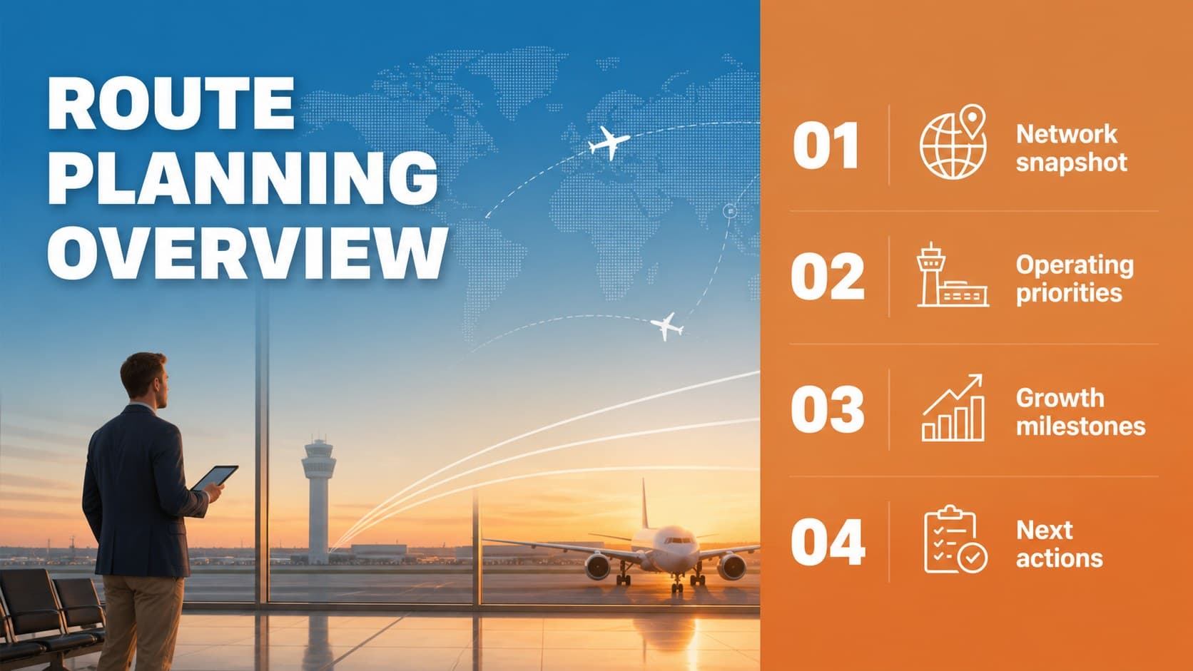 Agenda slide outlining route planning topics for an airline operations presentation template.